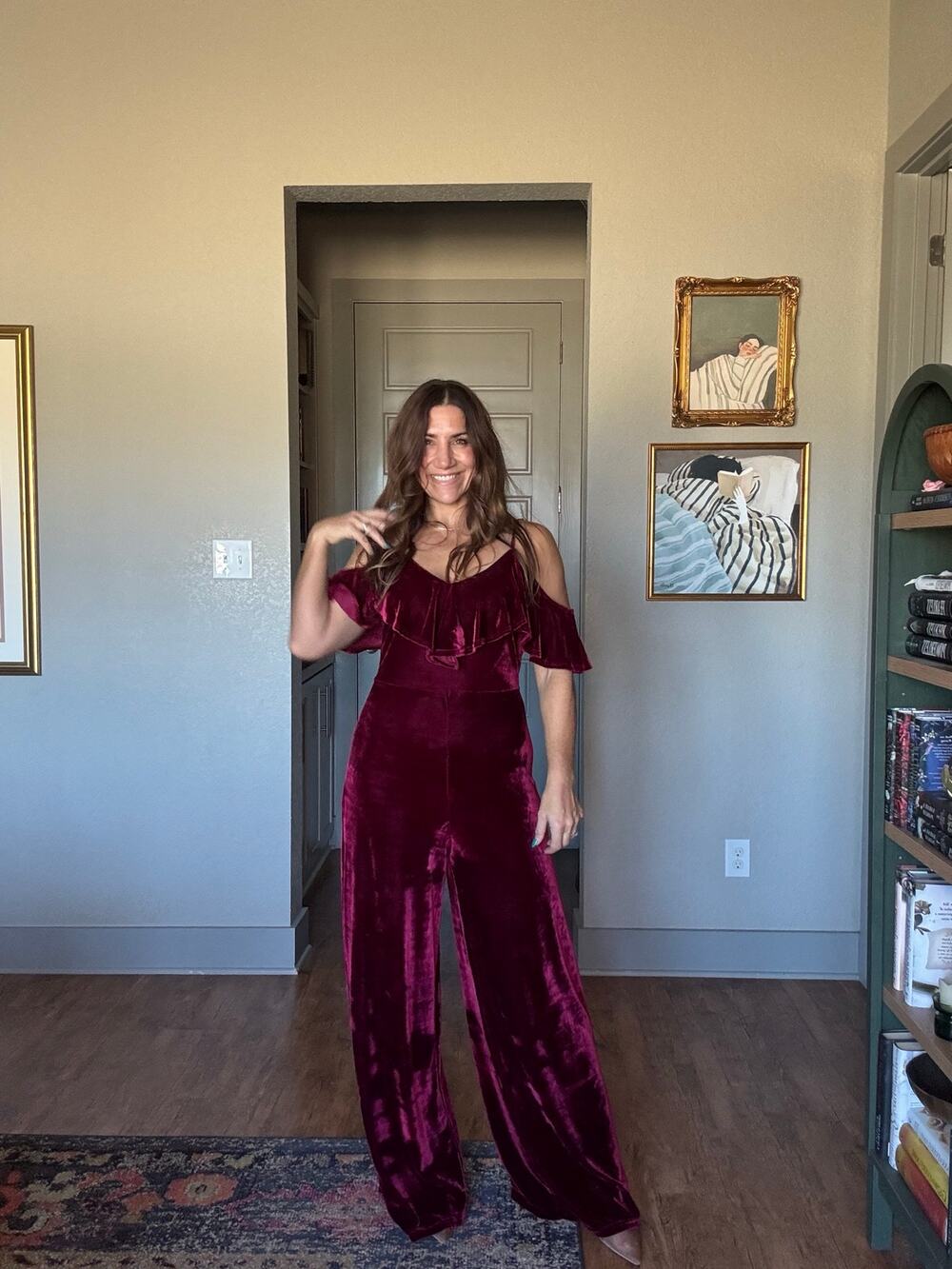 A. Calin Flying Tomato Burgundy Velvet Cold Shoulder Jumpsuit L